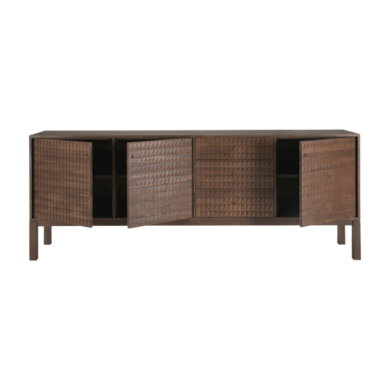 The Sono Sideboard from Ethnicraft 90 inch size with three open doors.