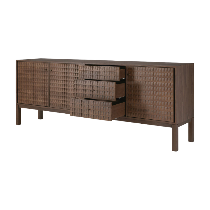 The Sono Sideboard from Ethnicraft 90 inch size with three open drawers.