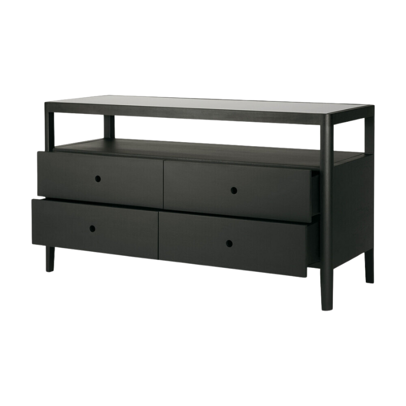 The Spindle Dresser from Ethnicraft in black oak with four open drawers.