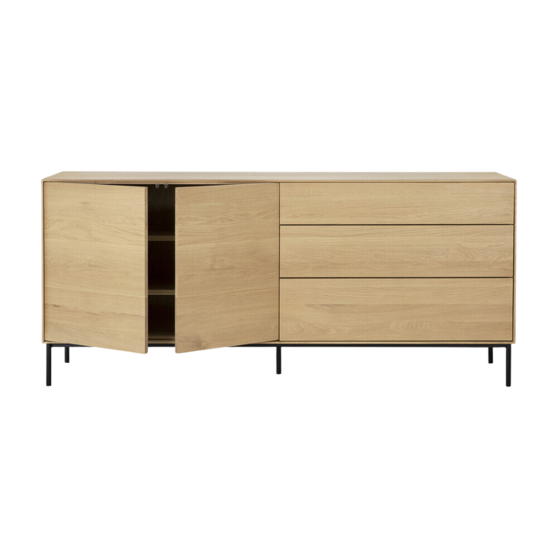 The Whitebird Sideboard from Ethnicraft 71 inch with open doors.