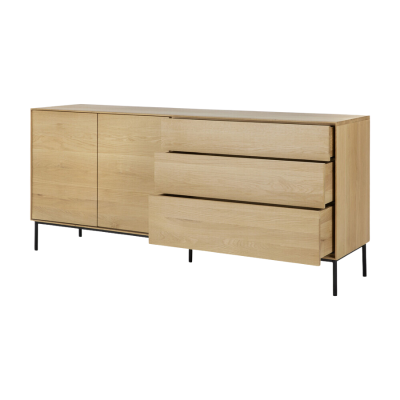 The Whitebird Sideboard from Ethnicraft 71 inch with three open drawers.