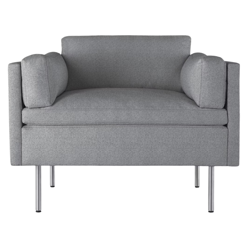 The Bolster Armchair from Herman Miller in heathered cool grey, cozy upholstery.