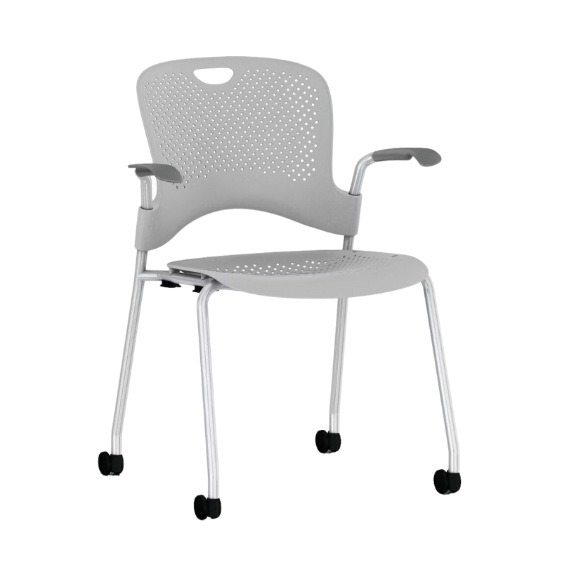 The Caper Stacking Chair from Herman Miller in fog with fixed arms and multi-floor casters.