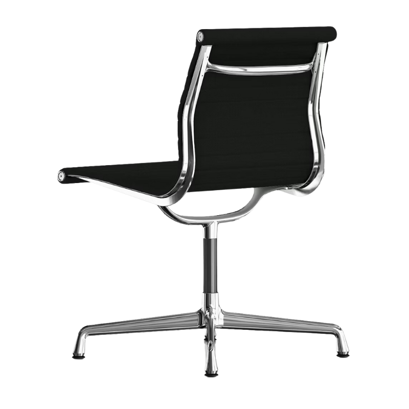 The Eames Aluminum Group Side Chair from Herman Miller in black hopsak fabric from the back.