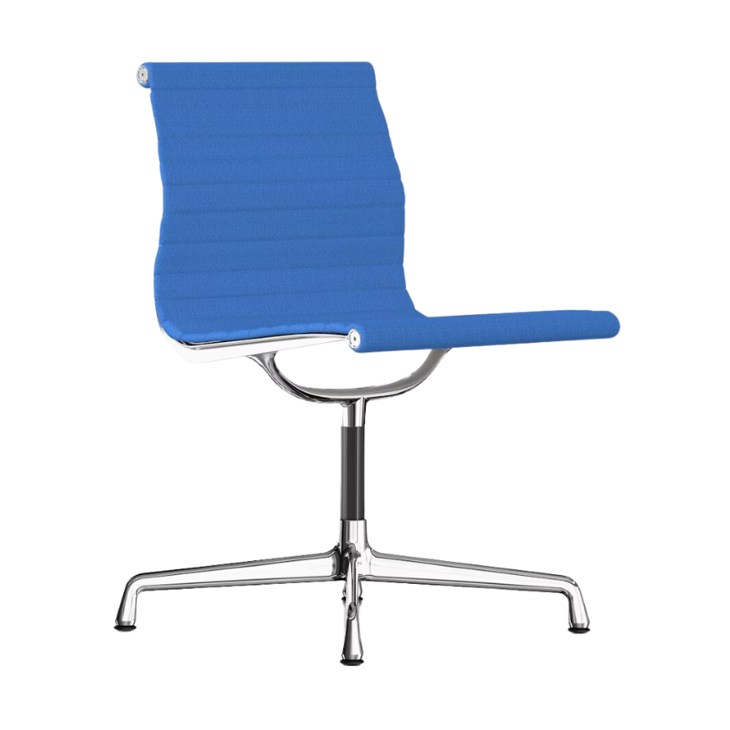 The Eames Aluminum Group Side Chair from Herman Miller in cobalt blue hopsak fabric.