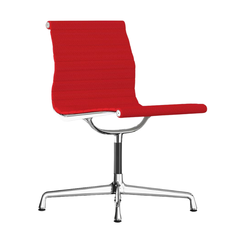 The Eames Aluminum Group Side Chair from Herman Miller in crimson hopsak fabric.