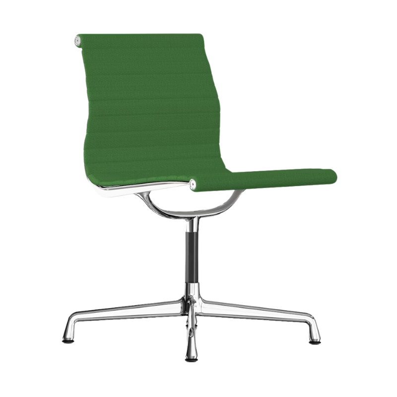 The Eames Aluminum Group Side Chair from Herman Miller in dark emerald hopsak fabric.