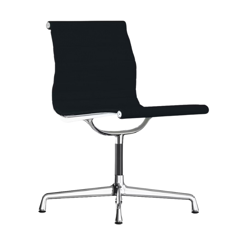 The Eames Aluminum Group Side Chair from Herman Miller in dark grey blue hopsak fabric.