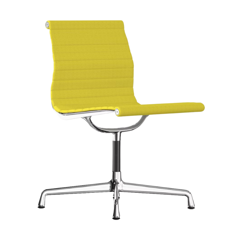 The Eames Aluminum Group Side Chair from Herman Miller in dark yellow hopsak fabric.