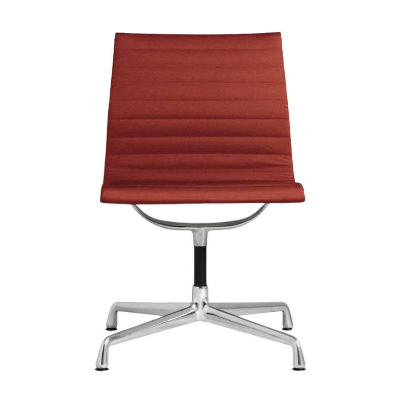 The Eames Aluminum Group Side Chair from Herman Miller in poppy messenger fabric.