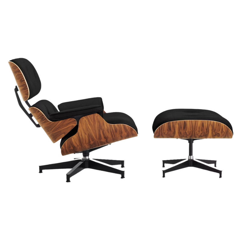 The Eames Lounge Chair and Ottoman from Herman Miller in obsidian prone leather with santos palisander shell.