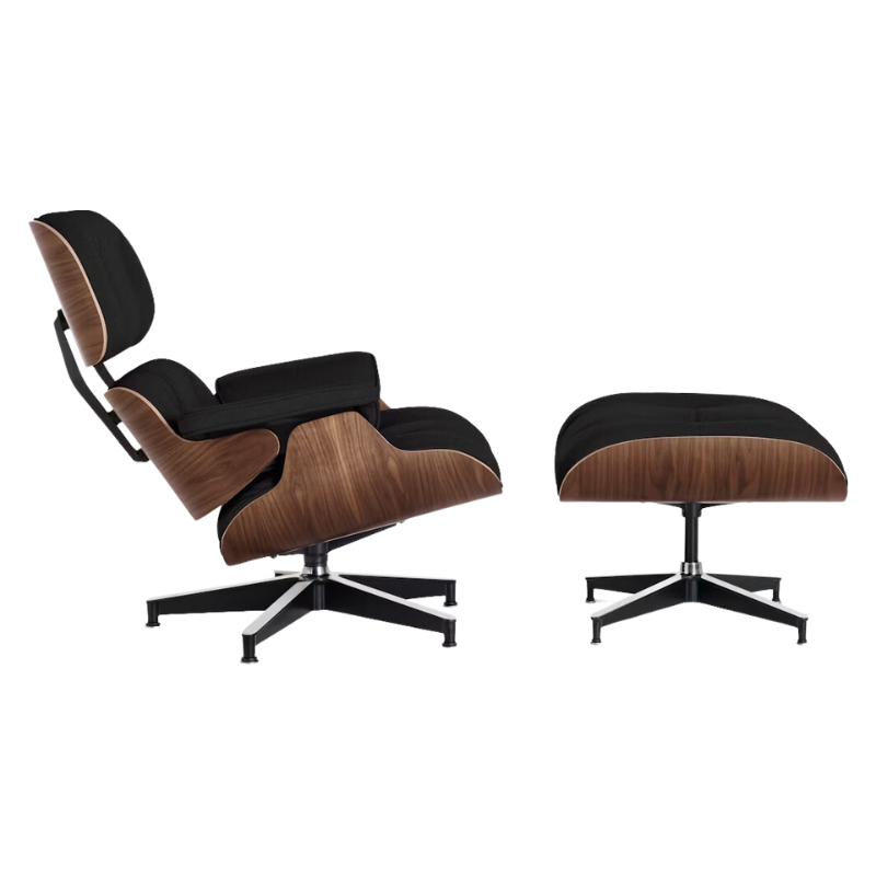 The Eames Lounge Chair and Ottoman from Herman Miller in obsidian prone leather with walnut shell.