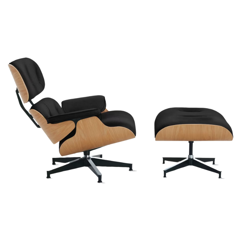 The Eames Lounge Chair and Ottoman from Herman Miller in obsidian prone leather with white oak shell.