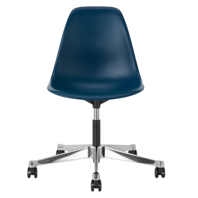 The Eames Molded Plastic Task Side Chair from Herman Miller in blue green.