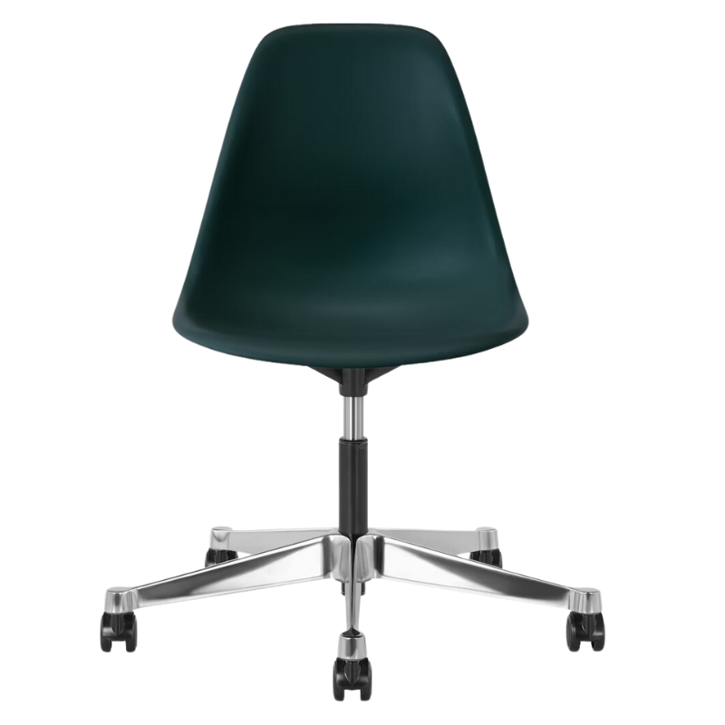 The Eames Molded Plastic Task Side Chair from Herman Miller in evergreen.