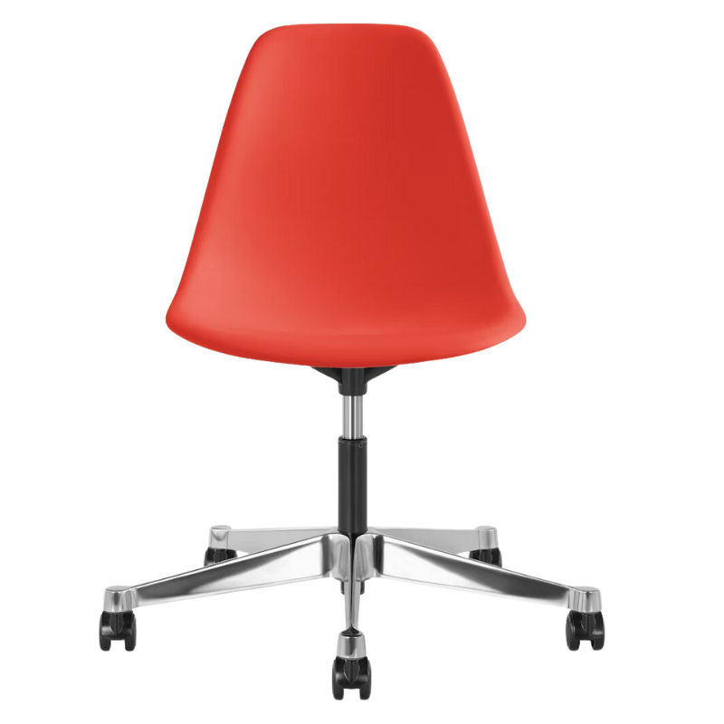 The Eames Molded Plastic Task Side Chair from Herman Miller in red orange.