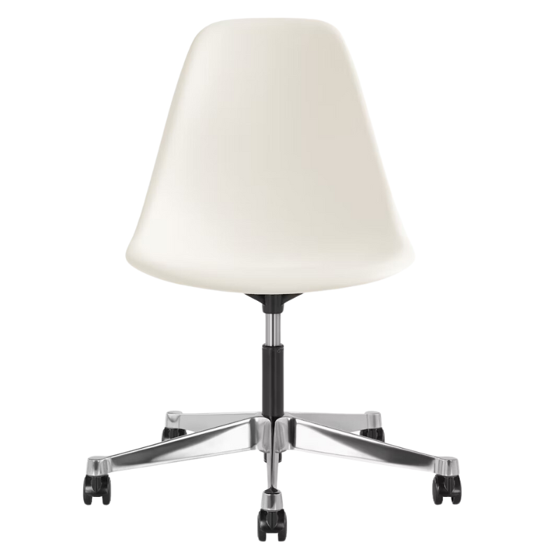 The Eames Molded Plastic Task Side Chair from Herman Miller in white.