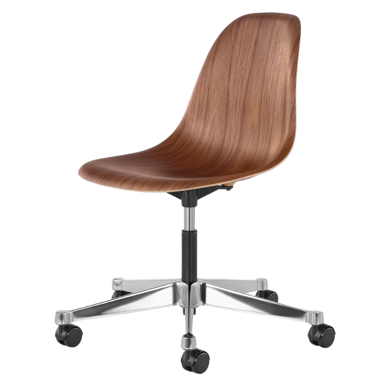 The Eames Molded Plywood Task Side Chair from Herman Miller in walnut from an angle.