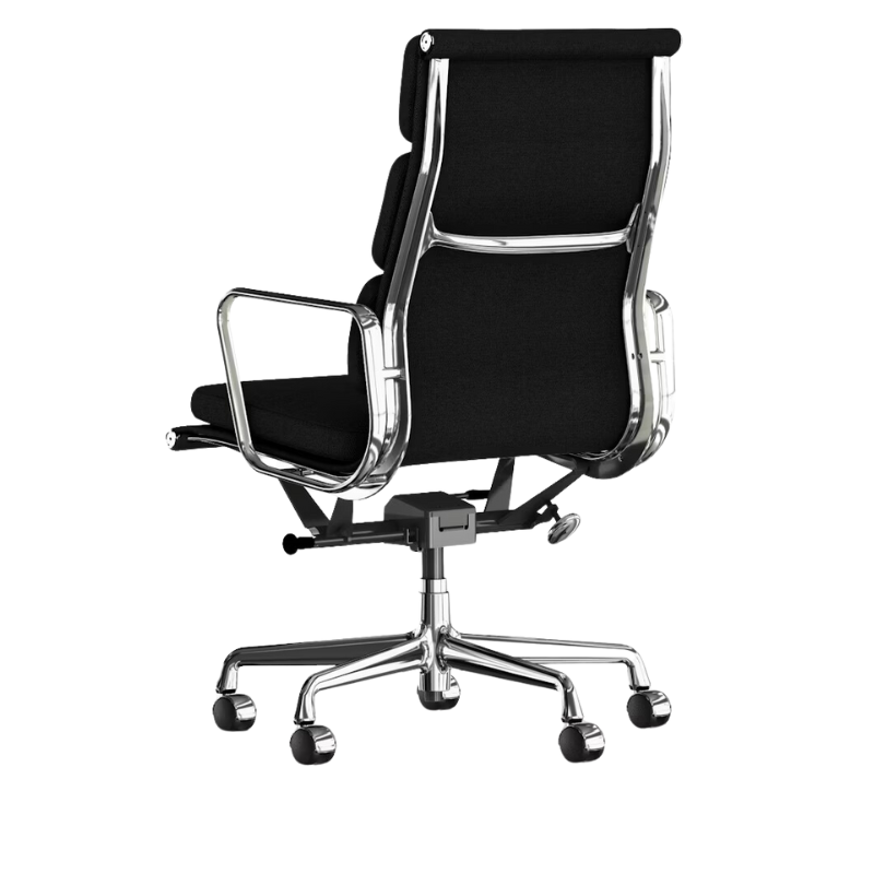 The Eames Soft Pad Executive Chair from Herman Miller in onyx messenger fabric from the back.