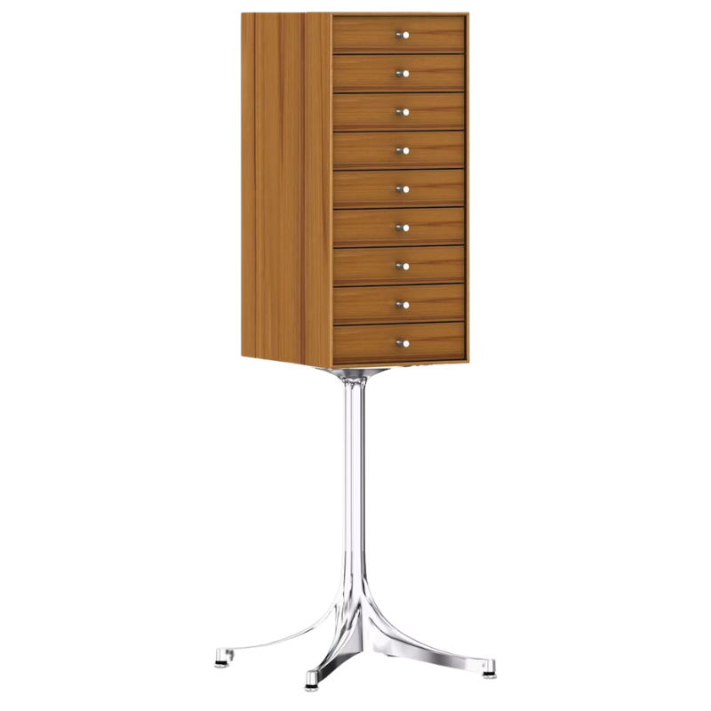 The Nelson Miniature Chest 9 Drawer from Herman Miller in teak with an aluminum base and polished aluminum pulls.