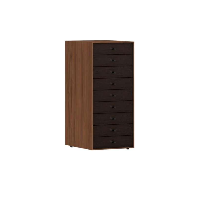 The Nelson Miniature Chest 9 Drawer from Herman Miller in walnut and dark brown with no base and black pulls.