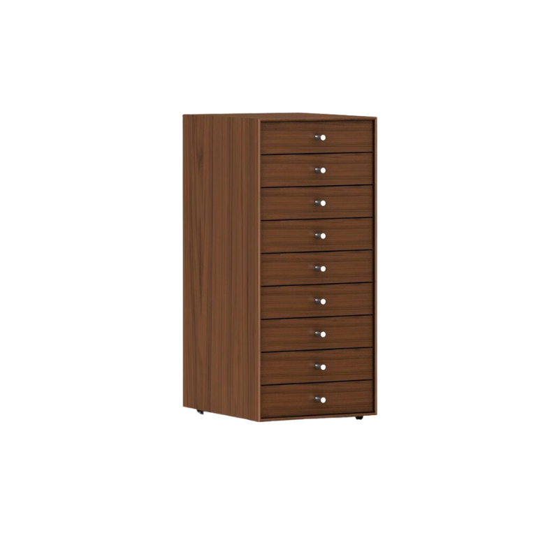 The Nelson Miniature Chest 9 Drawer from Herman Miller in walnut with no base and polished aluminum pulls.