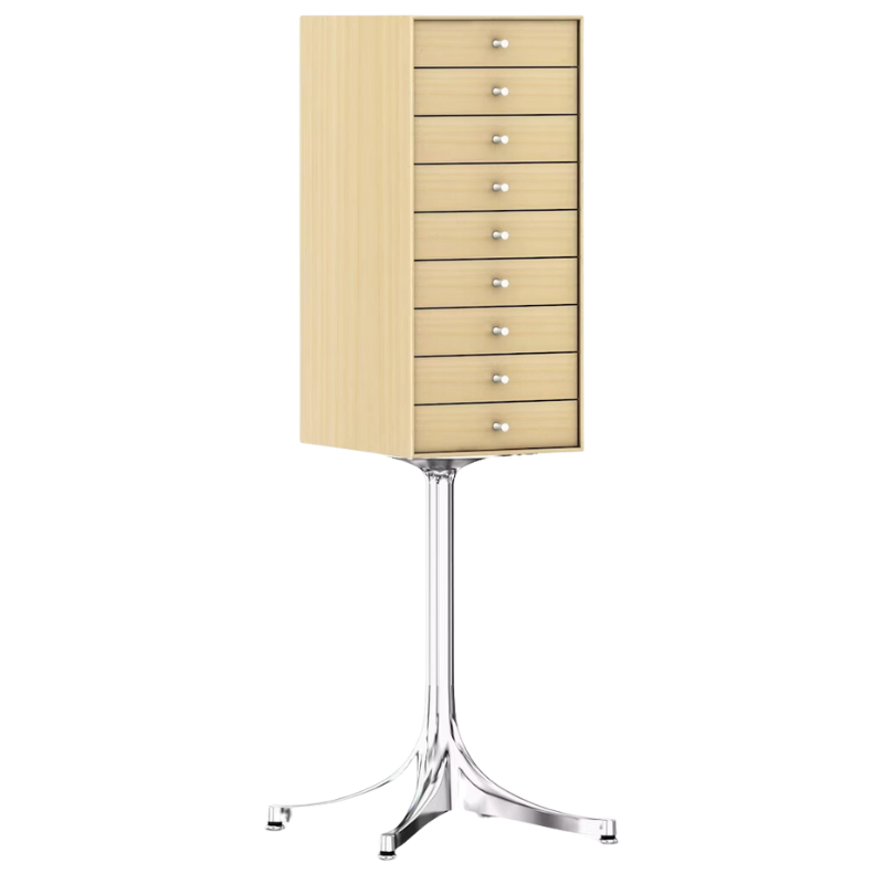 The Nelson Miniature Chest 9 Drawer from Herman Miller in white ash with an aluminum base and studio white pulls.