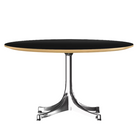 The Nelson Pedestal Coffee Table from Herman Miller with black table top and polished aluminum base.