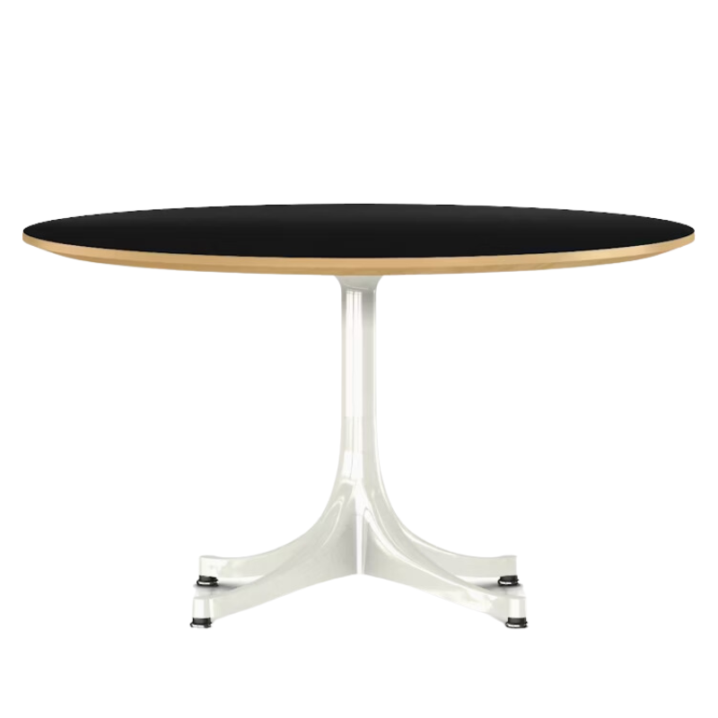 The Nelson Pedestal Coffee Table from Herman Miller with black table top and studio white base.