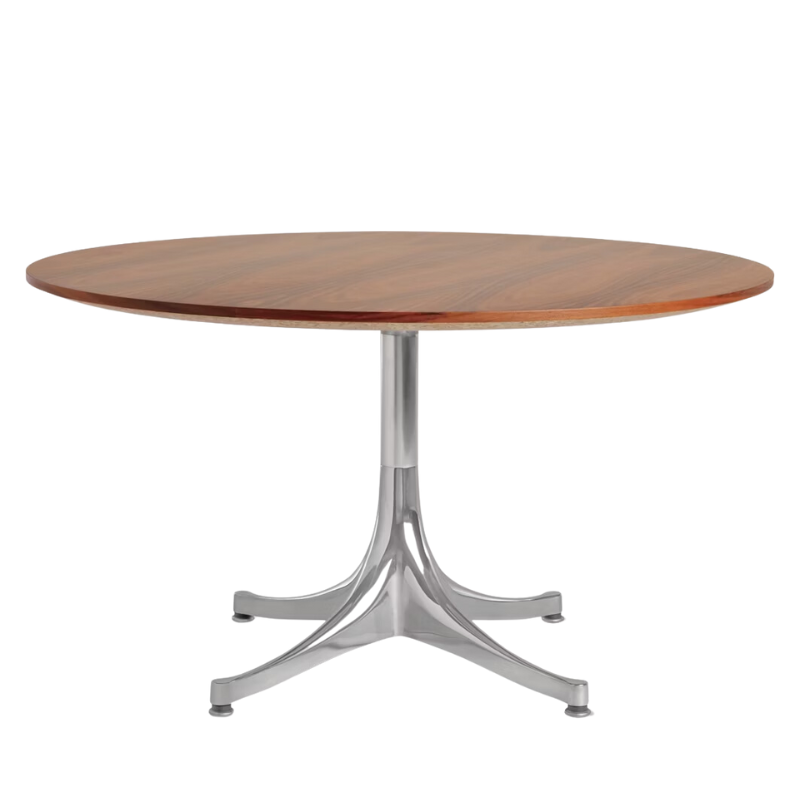 The Nelson Pedestal Coffee Table from Herman Miller with Santos Palisander table top and polished aluminum base.