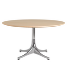 The Nelson Pedestal Coffee Table from Herman Miller with white ash table top and polished aluminum base.