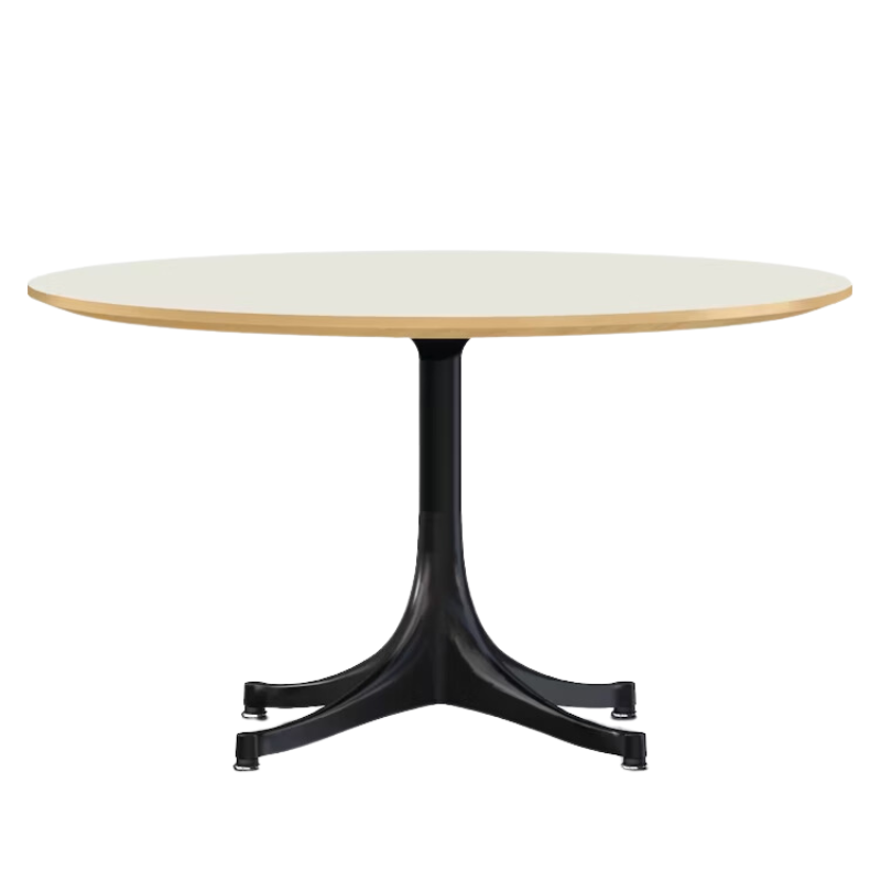 The Nelson Pedestal Coffee Table from Herman Miller with white table top and black base.