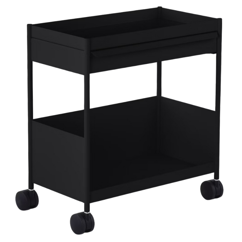 The OE1 Trolley from Herman Miller with top drawer and bottom shelf in black color.