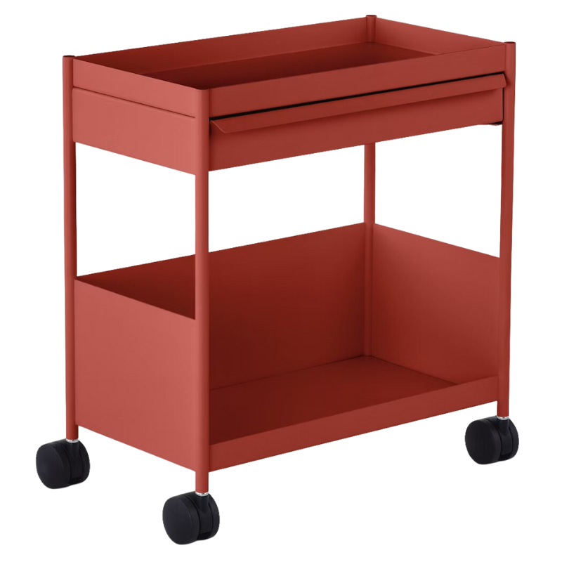 The OE1 Trolley from Herman Miller with top drawer and bottom shelf in canyon color.