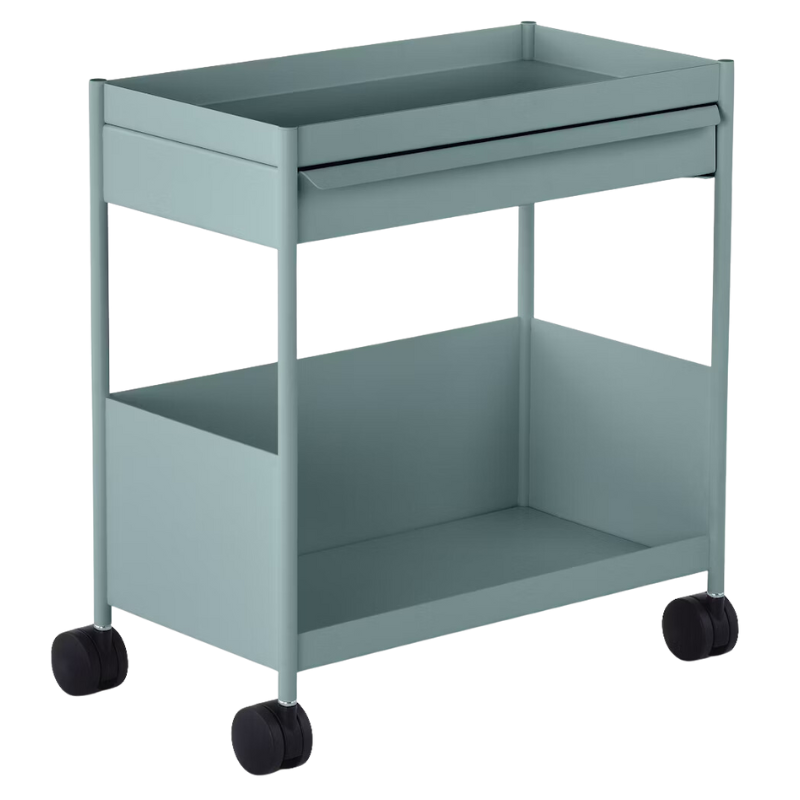 The OE1 Trolley from Herman Miller with top drawer and bottom shelf in glacier color.