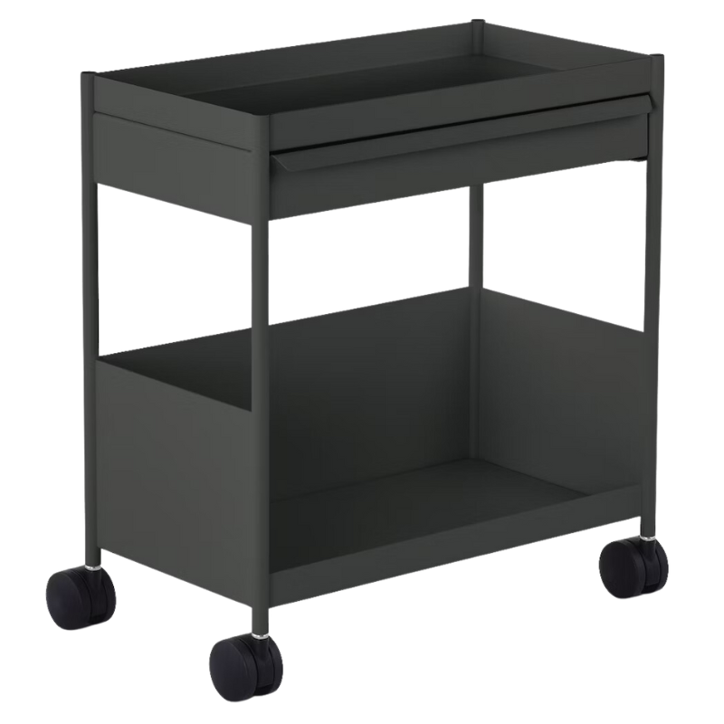 The OE1 Trolley from Herman Miller with top drawer and bottom shelf in graphite color.