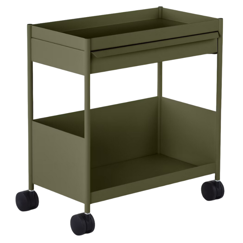 The OE1 Trolley from Herman Miller with top drawer and bottom shelf in olive color.