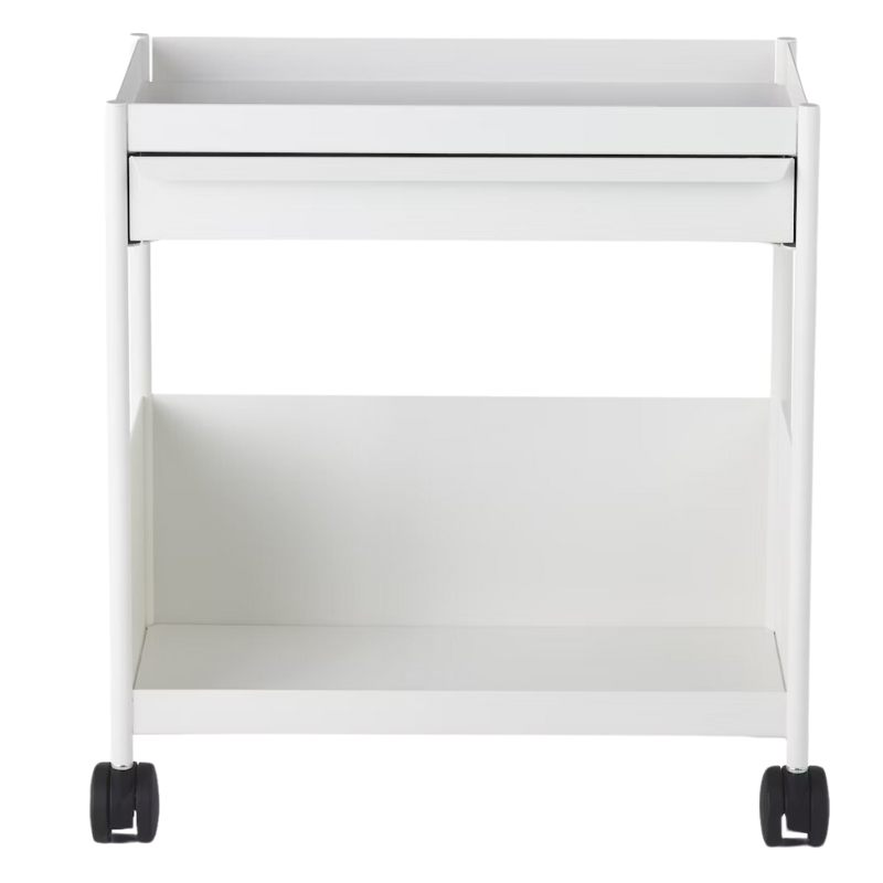 The OE1 Trolley from Herman Miller with top drawer and bottom shelf in white color.