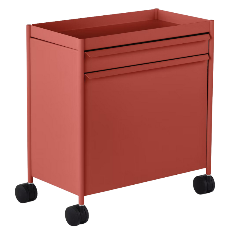 The OE1 Trolley from Herman Miller with top drawer and top out file bin in canyon color.