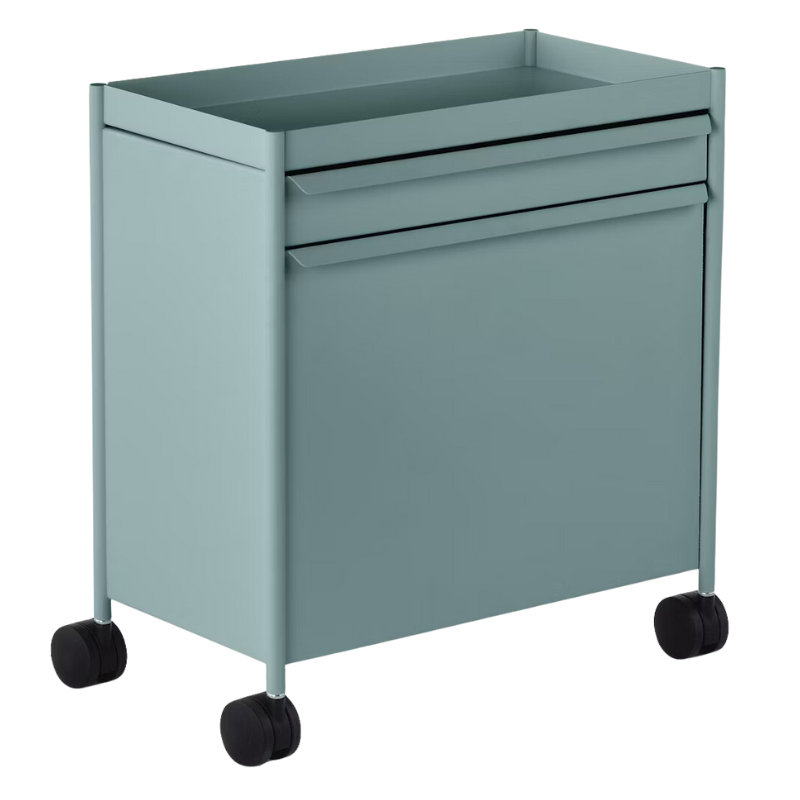 The OE1 Trolley from Herman Miller with top drawer and top out file bin in glacier color.