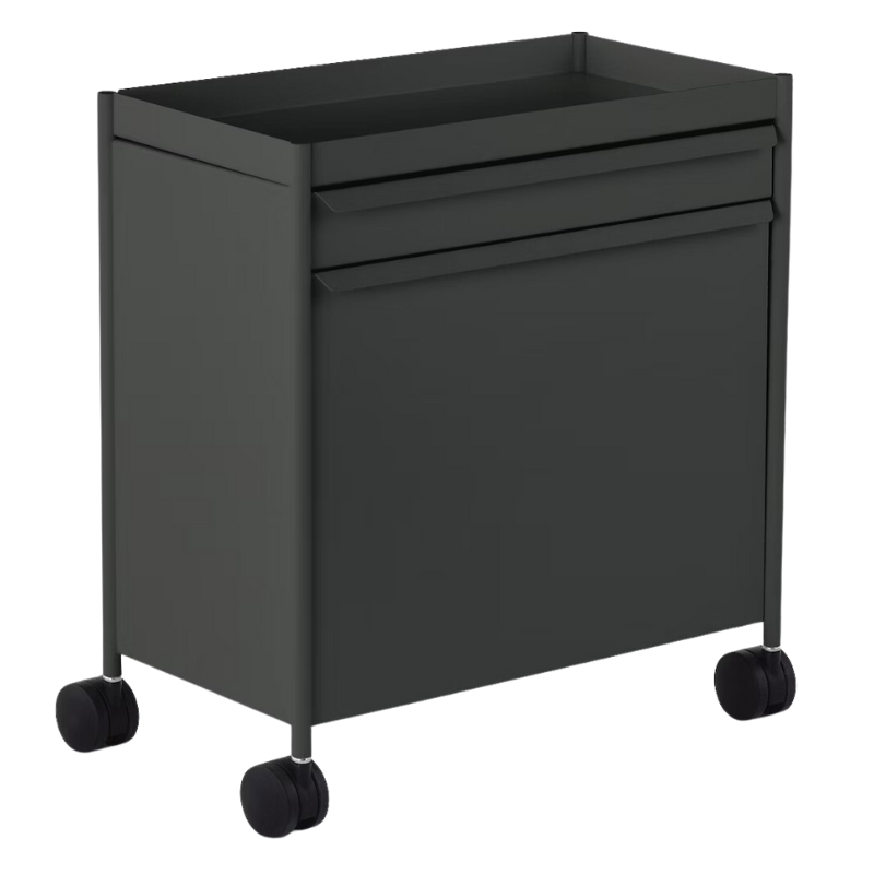 The OE1 Trolley from Herman Miller with top drawer and top out file bin in graphite color.