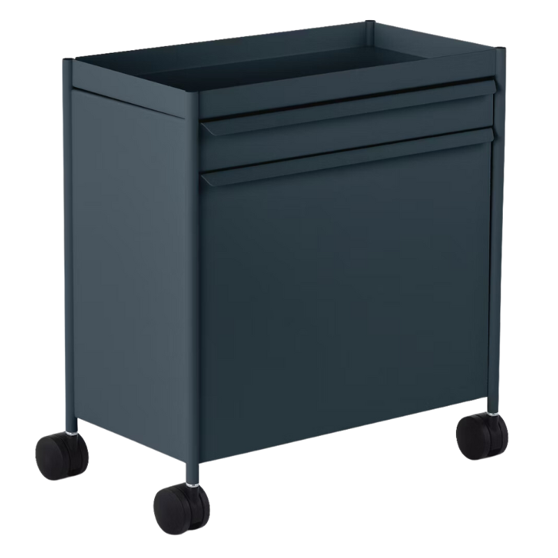 The OE1 Trolley from Herman Miller with top drawer and top out file bin in nightfall color.