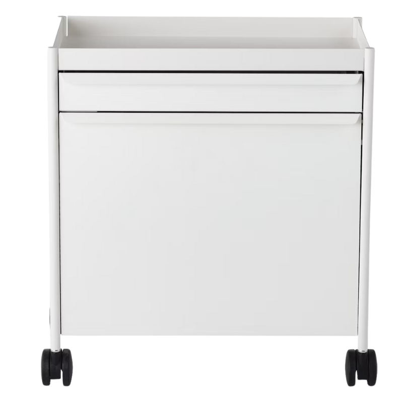 The OE1 Trolley from Herman Miller with top drawer and top out file bin in white color.