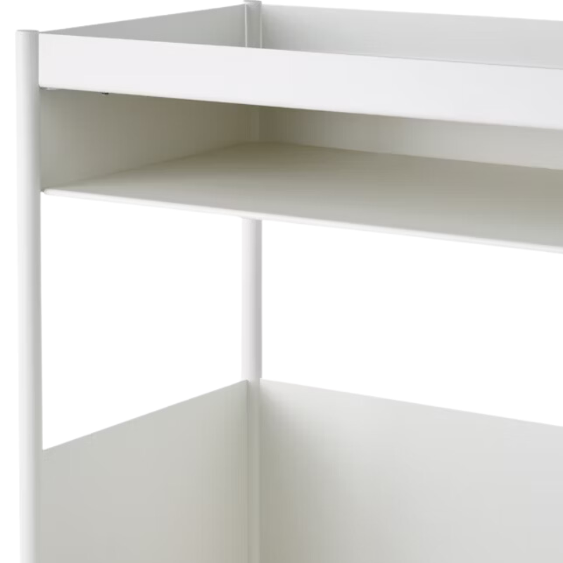 The OE1 Trolley from Herman Miller top shelf and bottom shelf in a close up.