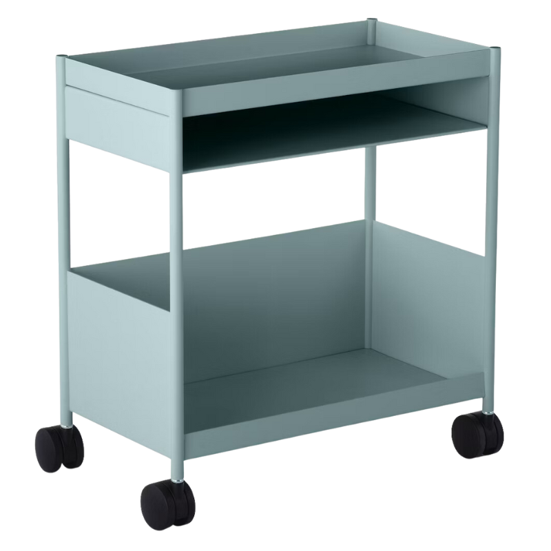 The OE1 Trolley from Herman Miller with top shelf and bottom shelf glacier color.