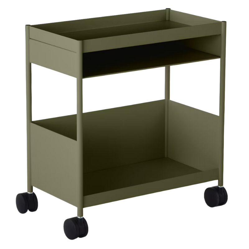 The OE1 Trolley from Herman Miller with top shelf and bottom shelf olive color.