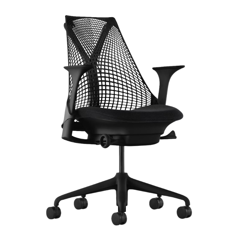 The Sayl Chair from Herman Miller in black with fixed arms, seat, and no lumbar support.