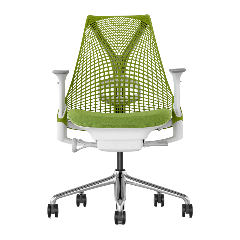 The Sayl Chair from Herman Miller in green apple with adjustable arms, seat, and lumbar support.