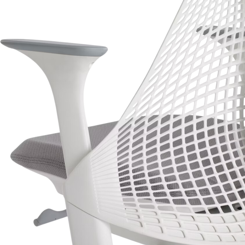 The Sayl Chair from Herman Miller in mineral with a white frame in a close up.