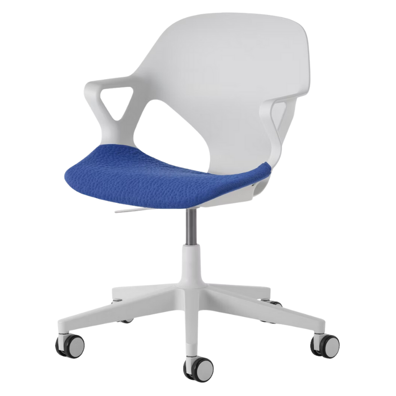 The Zeph Multipurpose Chair with Arms from Herman Miller alpine shell with bluebell seat pad.